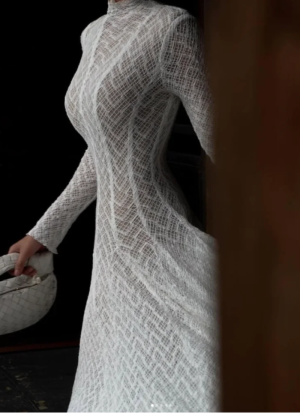 Hollow Out O-Neck Slim Fit Long Sleeve Robe High Waist Pleated Party Mesh Maxi Dresses - Image 6