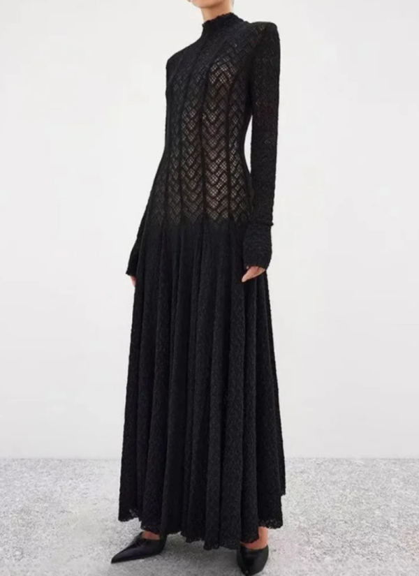 Hollow Out O-Neck Slim Fit Long Sleeve Robe High Waist Pleated Party Mesh Maxi Dresses - Image 2