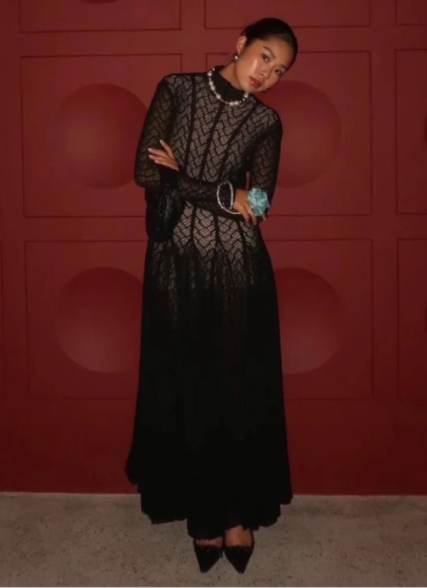 Hollow Out O-Neck Slim Fit Long Sleeve Robe High Waist Pleated Party Mesh Maxi Dresses
