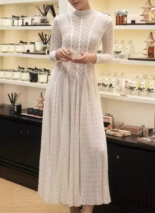 Hollow Out O-Neck Slim Fit Long Sleeve Robe High Waist Pleated Party Mesh Maxi Dresses - Image 8