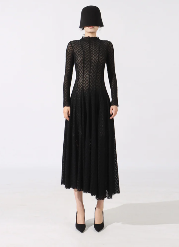 Hollow Out O-Neck Slim Fit Long Sleeve Robe High Waist Pleated Party Mesh Maxi Dresses - Image 3