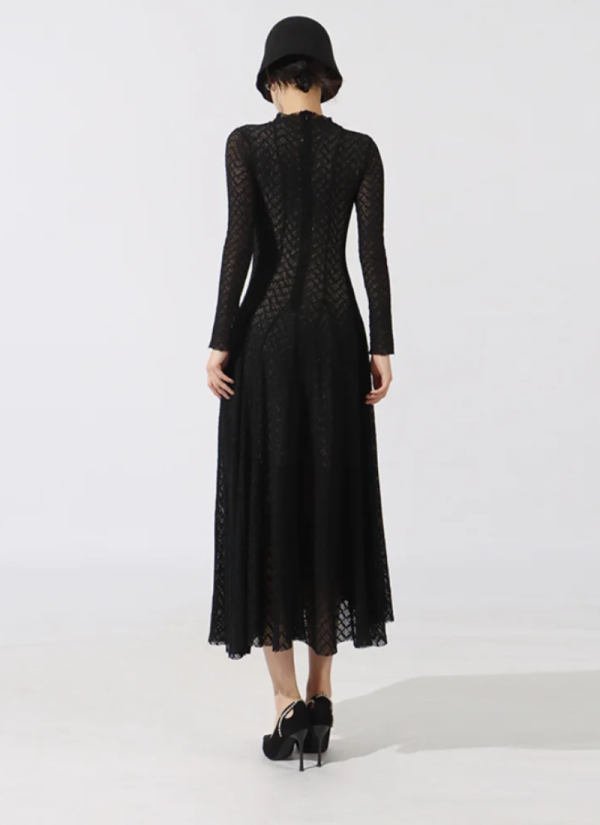 Hollow Out O-Neck Slim Fit Long Sleeve Robe High Waist Pleated Party Mesh Maxi Dresses - Image 4