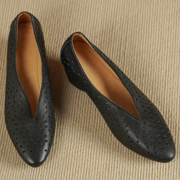 Hollow-Out Sheepskin Pointed Toe Slip-on Breathable Thick Med Heel Pumps - Image 6