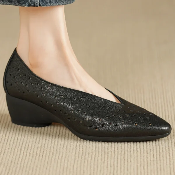 Hollow-Out Sheepskin Pointed Toe Slip-on Breathable Thick Med Heel Pumps - Image 4