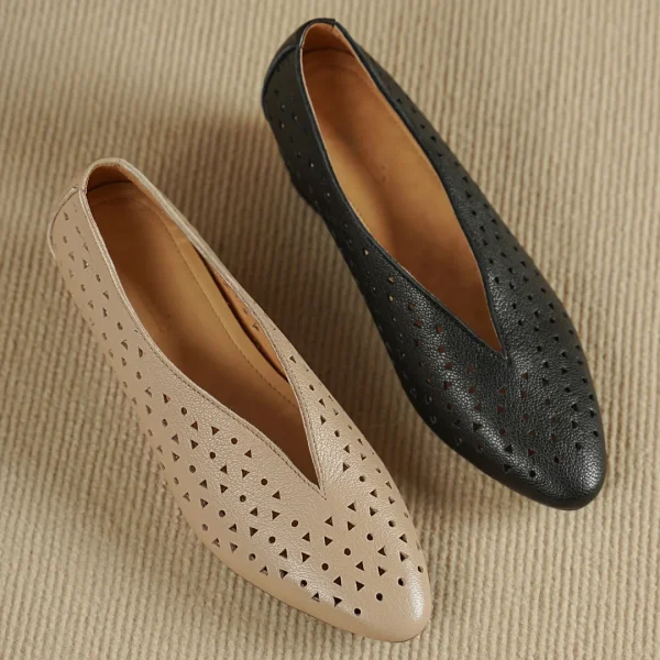 Hollow-Out Sheepskin Pointed Toe Slip-on Breathable Thick Med Heel Pumps - Image 22
