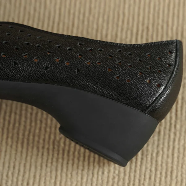 Hollow-Out Sheepskin Pointed Toe Slip-on Breathable Thick Med Heel Pumps - Image 10