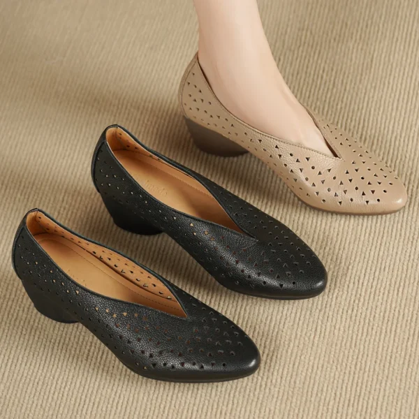 Hollow-Out Sheepskin Pointed Toe Slip-on Breathable Thick Med Heel Pumps - Image 23