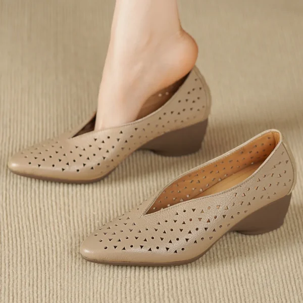 Hollow-Out Sheepskin Pointed Toe Slip-on Breathable Thick Med Heel Pumps - Image 18