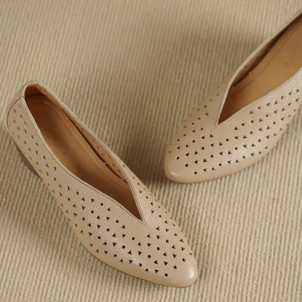 Hollow-Out Sheepskin Pointed Toe Slip-on Breathable Thick Med Heel Pumps - Image 20