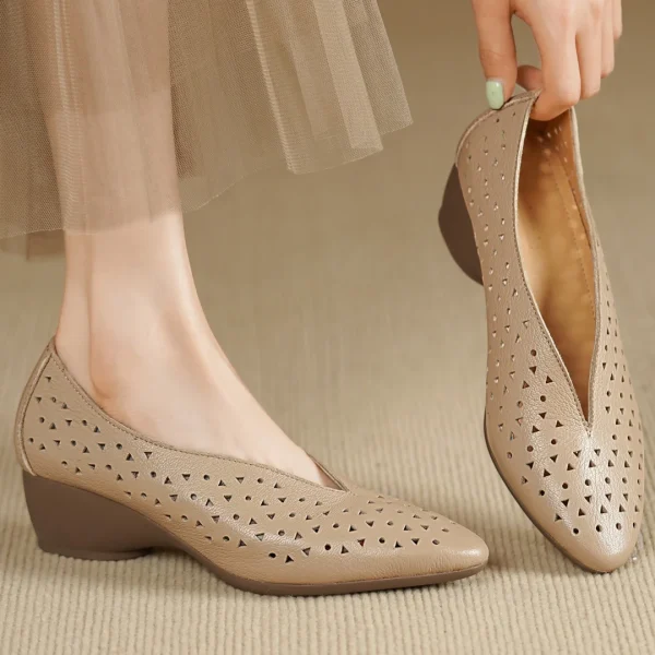 Hollow-Out Sheepskin Pointed Toe Slip-on Breathable Thick Med Heel Pumps - Image 16