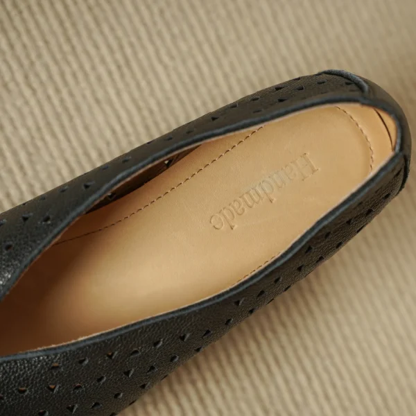 Hollow-Out Sheepskin Pointed Toe Slip-on Breathable Thick Med Heel Pumps - Image 11