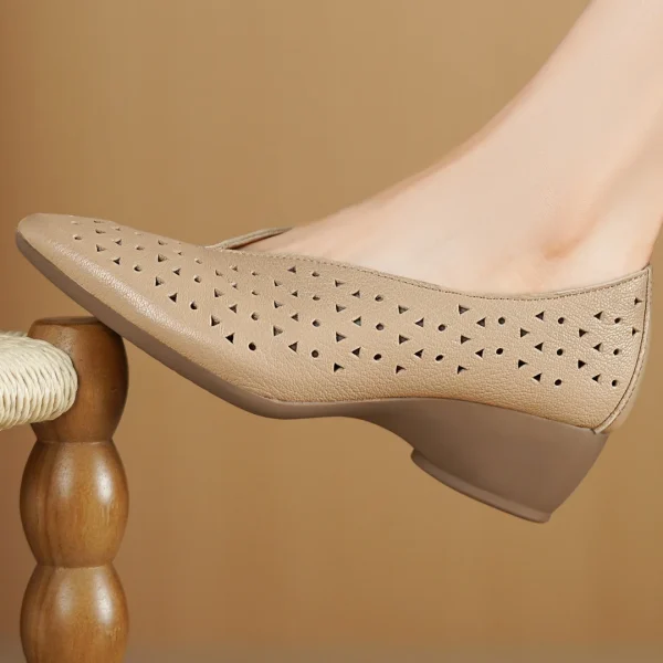 Hollow-Out Sheepskin Pointed Toe Slip-on Breathable Thick Med Heel Pumps - Image 13