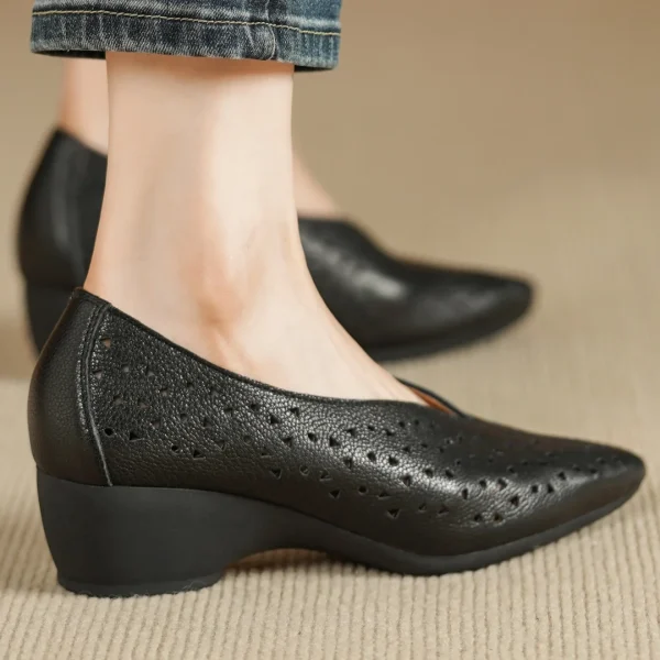 Hollow-Out Sheepskin Pointed Toe Slip-on Breathable Thick Med Heel Pumps - Image 5