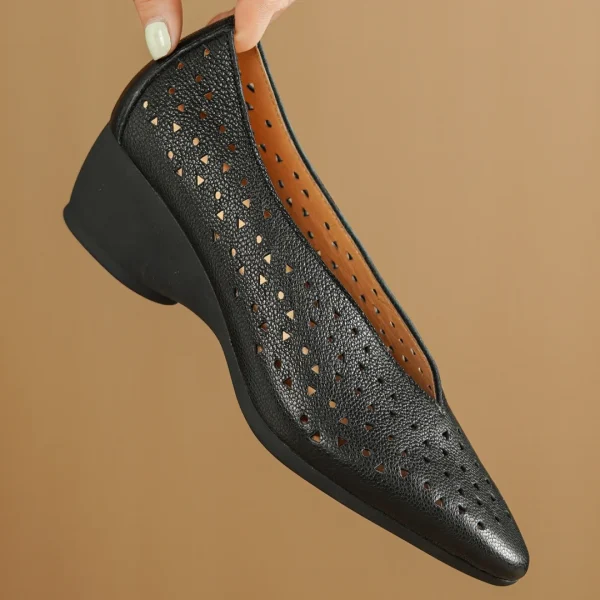Hollow-Out Sheepskin Pointed Toe Slip-on Breathable Thick Med Heel Pumps - Image 8