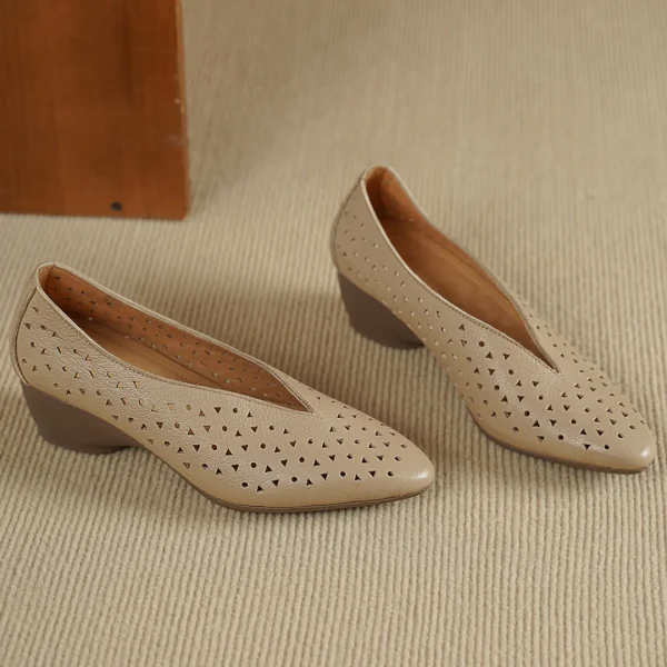 Hollow-Out Sheepskin Pointed Toe Slip-on Breathable Thick Med Heel Pumps - Image 21