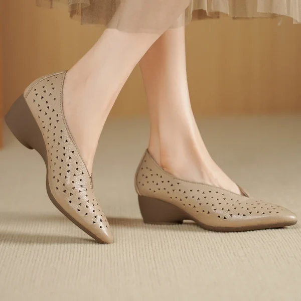 Hollow-Out Sheepskin Pointed Toe Slip-on Breathable Thick Med Heel Pumps - Image 17