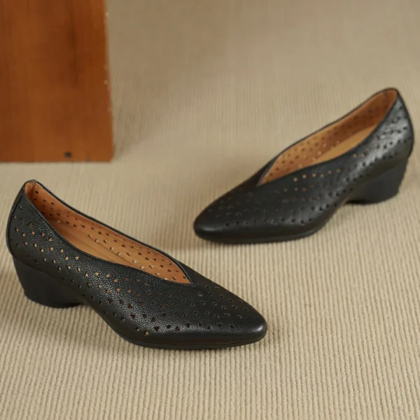 Hollow-Out Sheepskin Pointed Toe Slip-on Breathable Thick Med Heel Pumps - Image 7