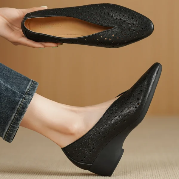 Hollow-Out Sheepskin Pointed Toe Slip-on Breathable Thick Med Heel Pumps - Image 2