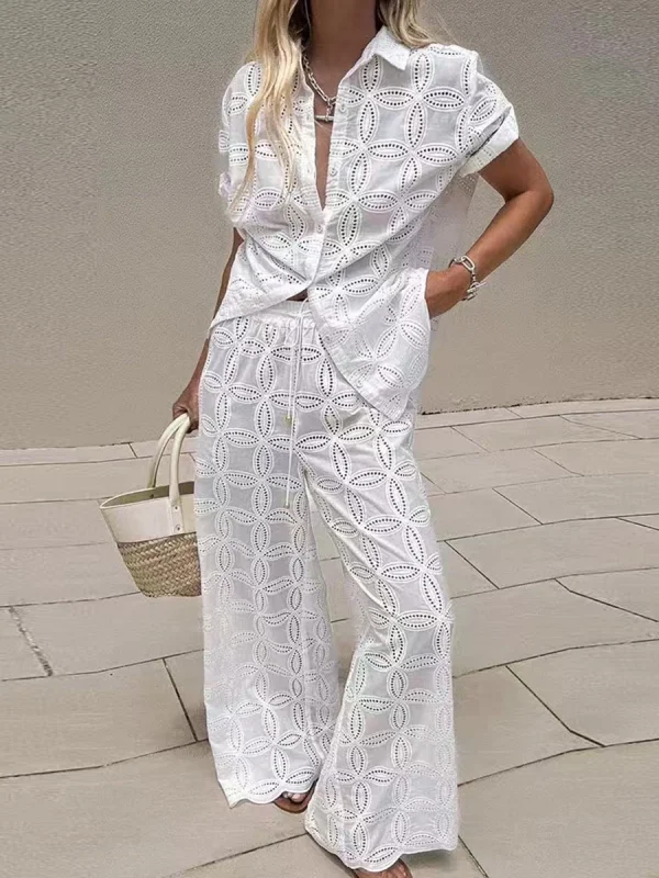 Hollow Out Two Piece Set For Lapel Long Sleeve Top High Waist Temperament Pant Sets