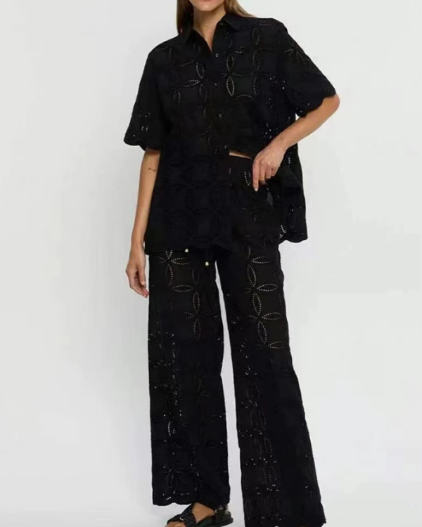 Hollow Out Two Piece Set For Lapel Long Sleeve Top High Waist Temperament Pant Sets - Image 2