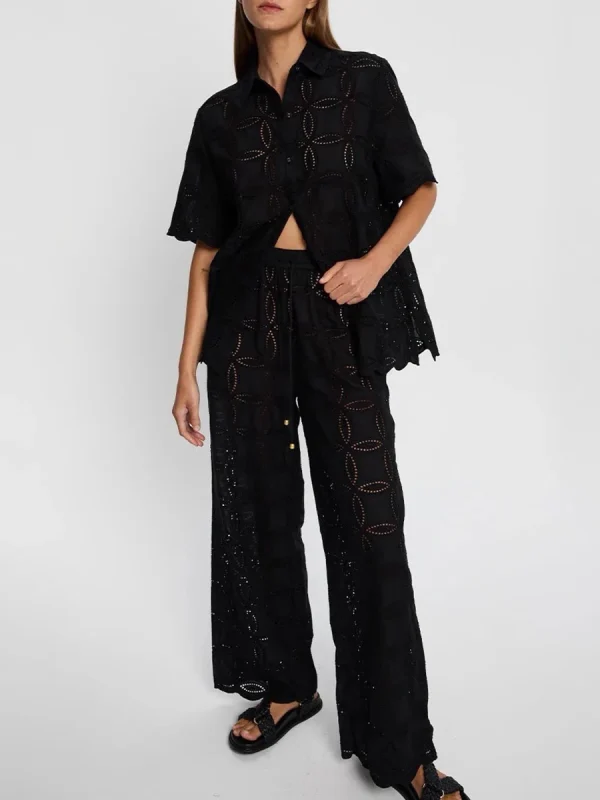 Hollow Out Two Piece Set For Lapel Long Sleeve Top High Waist Temperament Pant Sets - Image 3