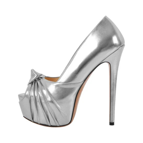 Knot Bow Peep Toe Platform Stiletto Platform Super Heeled Pumps - Image 12