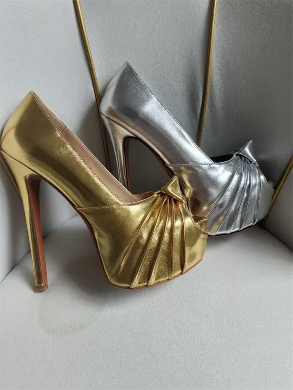 Knot Bow Peep Toe Platform Stiletto Platform Super Heeled Pumps - Image 14