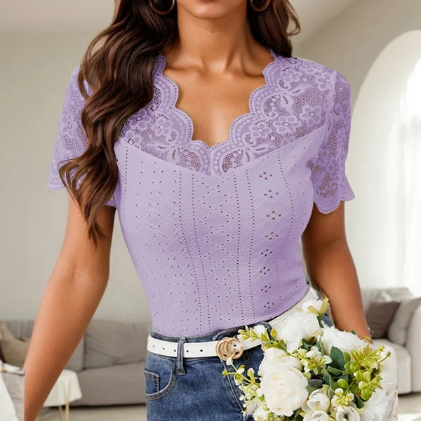 Lace Colorblock V-Neck Short Sleeve Casual Pullover T Shirts Tops - Image 18