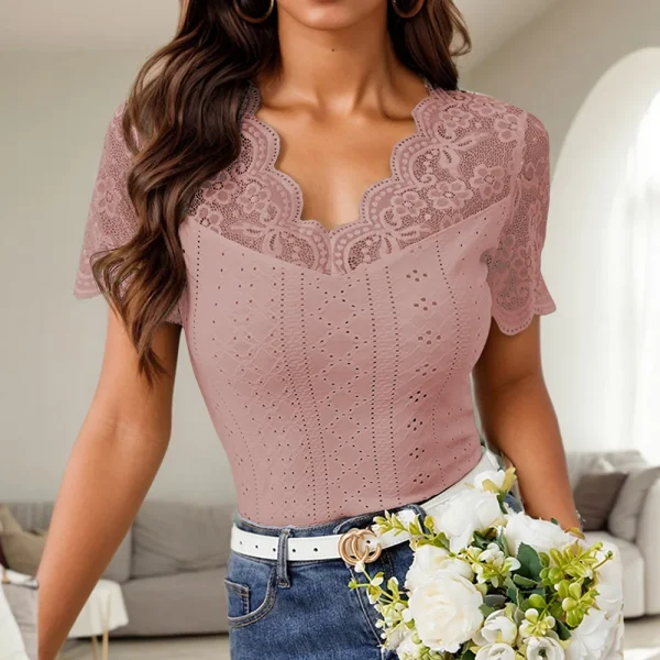 Lace Colorblock V-Neck Short Sleeve Casual Pullover T Shirts Tops - Image 22
