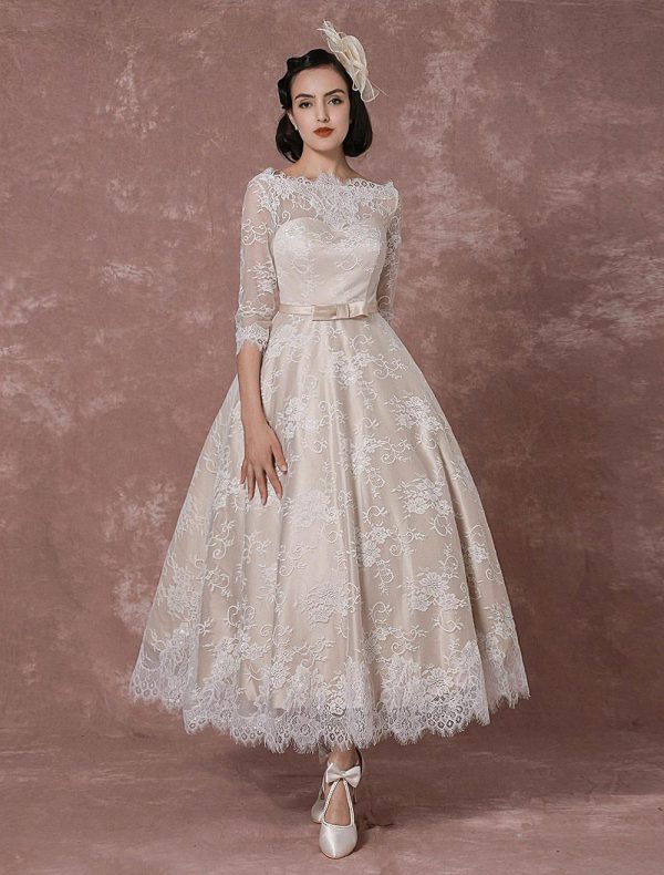 Vintage Lace Bateau Half Sleeves Bridal Gown A Line Backless Tea Length Sash Reception Bridal Dress