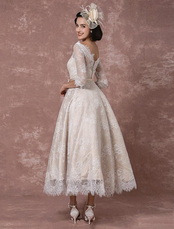 Vintage Lace Bateau Half Sleeves Bridal Gown A Line Backless Tea Length Sash Reception Bridal Dress - Image 4