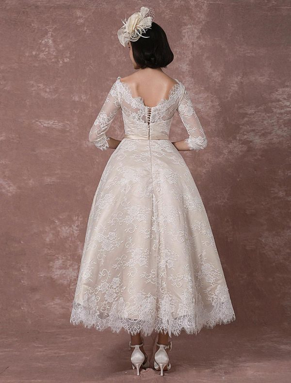 Vintage Lace Bateau Half Sleeves Bridal Gown A Line Backless Tea Length Sash Reception Bridal Dress - Image 5