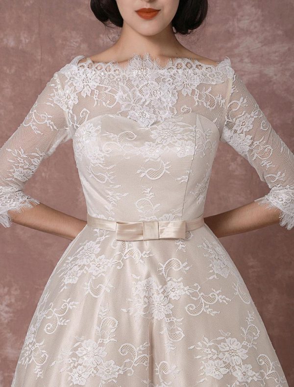 Vintage Lace Bateau Half Sleeves Bridal Gown A Line Backless Tea Length Sash Reception Bridal Dress - Image 6