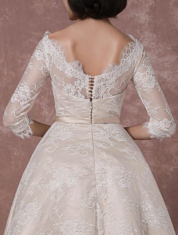 Vintage Lace Bateau Half Sleeves Bridal Gown A Line Backless Tea Length Sash Reception Bridal Dress - Image 7
