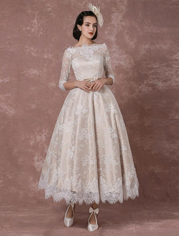 Vintage Lace Bateau Half Sleeves Bridal Gown A Line Backless Tea Length Sash Reception Bridal Dress - Image 2