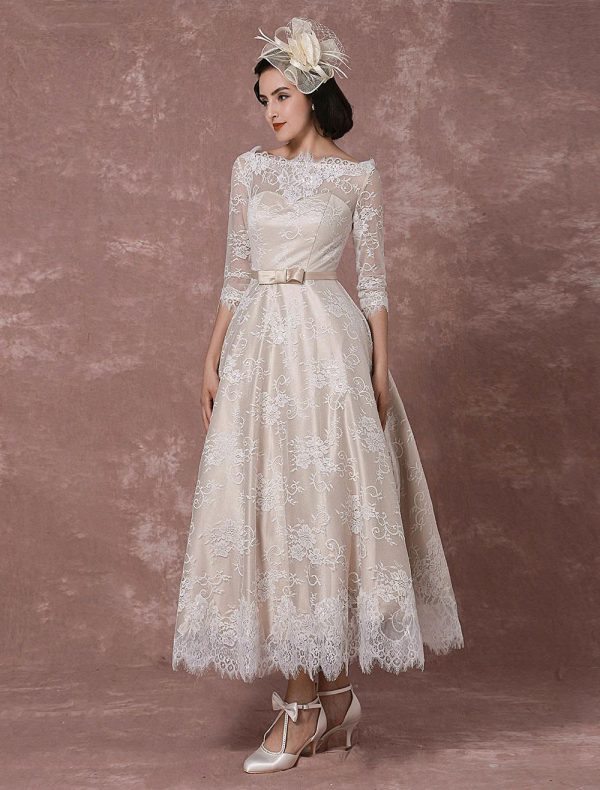 Vintage Lace Bateau Half Sleeves Bridal Gown A Line Backless Tea Length Sash Reception Bridal Dress - Image 3