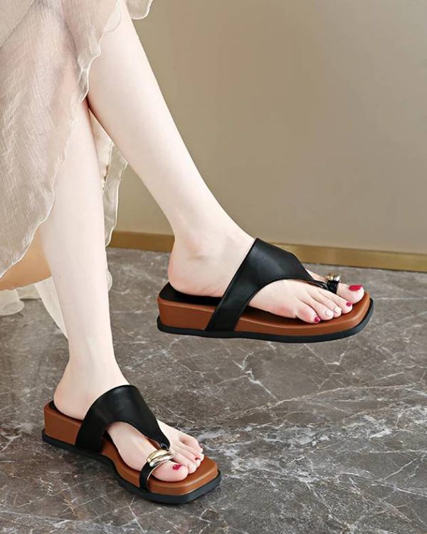 Classic Leather Flip Flops Wedge Walking Ring Toe Outdoor Beach Style Slippers - Image 2