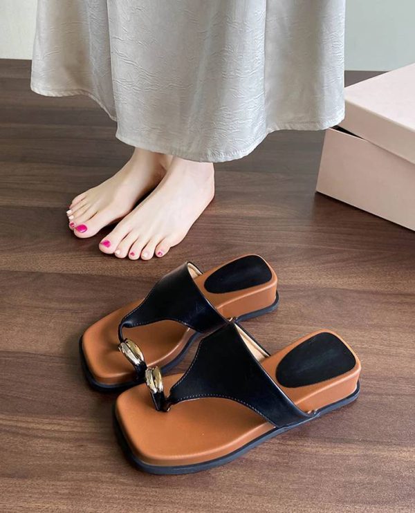 Classic Leather Flip Flops Wedge Walking Ring Toe Outdoor Beach Style Slippers - Image 7
