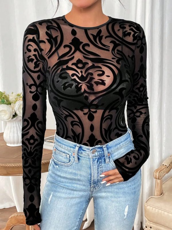 Long Sleeve Bodysuit Round Neck Lace Knit Tangled Slim Elegant Jumpsuit - Image 3