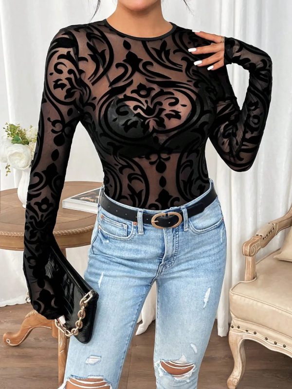 Long Sleeve Bodysuit Round Neck Lace Knit Tangled Slim Elegant Jumpsuit