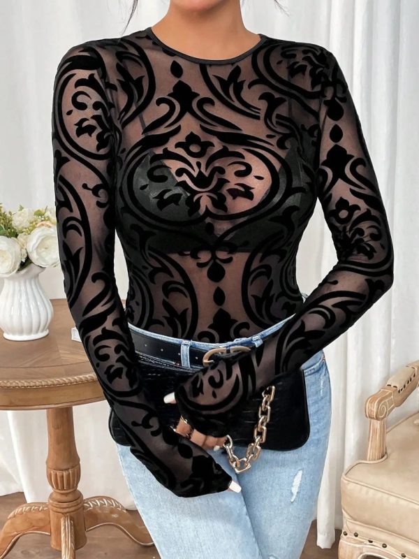 Long Sleeve Bodysuit Round Neck Lace Knit Tangled Slim Elegant Jumpsuit - Image 4