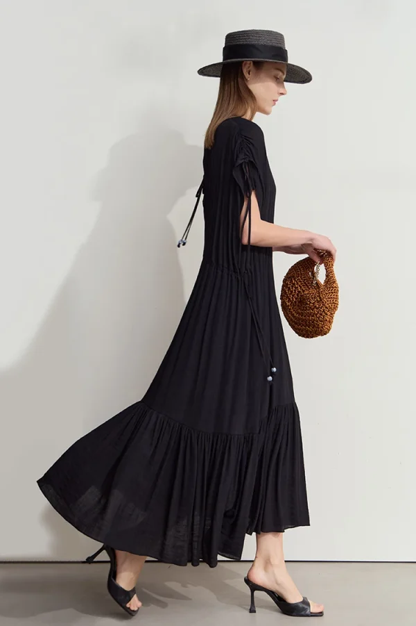 Ruffled Sleeveless V-Neck Hem Drawstring Raglan Sleeve Dress - Image 5