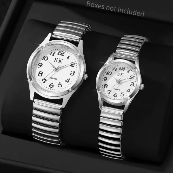 Luxury Alloy Elastic Strap Couple Quartz Watches 2PCS Set Without Box - Image 3