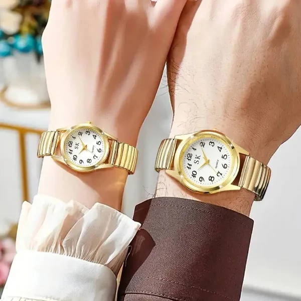 Luxury Alloy Elastic Strap Couple Quartz Watches 2PCS Set Without Box - Image 2