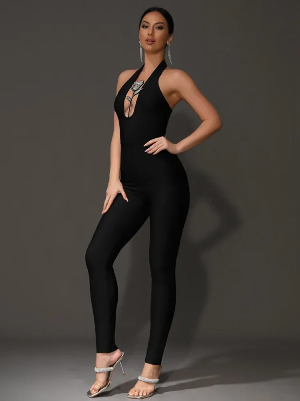 Luxury Backless Halter Flower Diamonds Bodycon Bandage Jumpsuit - Image 3