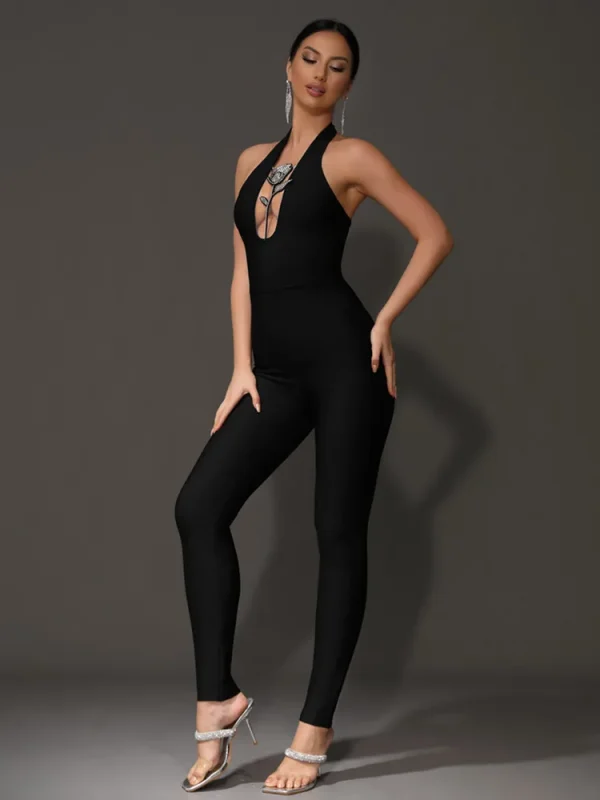 Luxury Backless Halter Flower Diamonds Bodycon Bandage Jumpsuit - Image 5