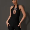 Luxury Backless Halter Flower Diamonds Bodycon Bandage Jumpsuit - Image 7