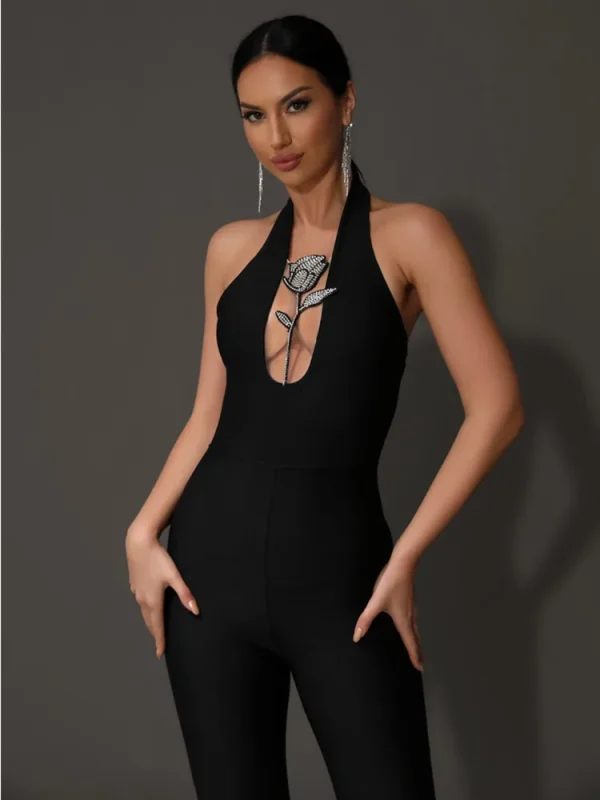 Luxury Backless Halter Flower Diamonds Bodycon Bandage Jumpsuit - Image 7