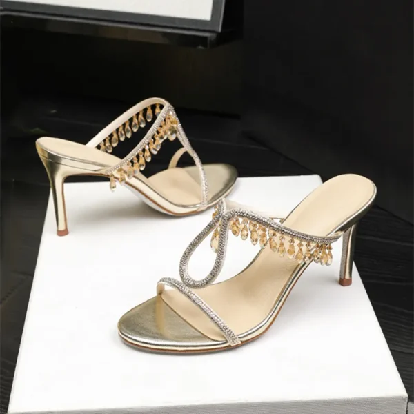 Luxury Crystal Rhinestones  Pendant Narrow Band High Heels Sandals - Image 4