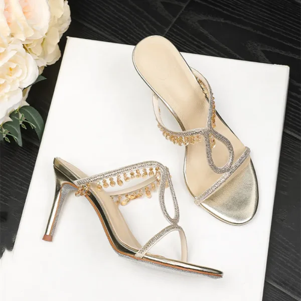 Luxury Crystal Rhinestones  Pendant Narrow Band High Heels Sandals - Image 5